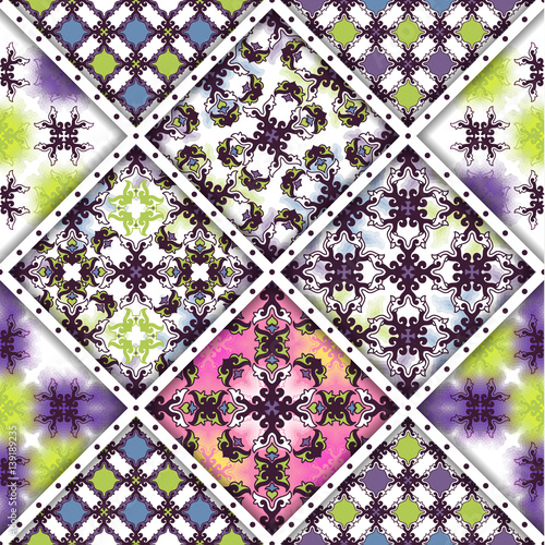 Vector abstract seamless patchwork pattern. Arabic tile texture with geometric and floral ornaments, stylized flowers, dots and lace. Vintage vector card.