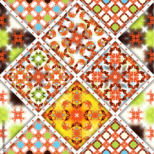 Vector abstract seamless patchwork pattern. Arabic tile texture with geometric and floral ornaments, stylized flowers, dots and lace. Vintage vector card.