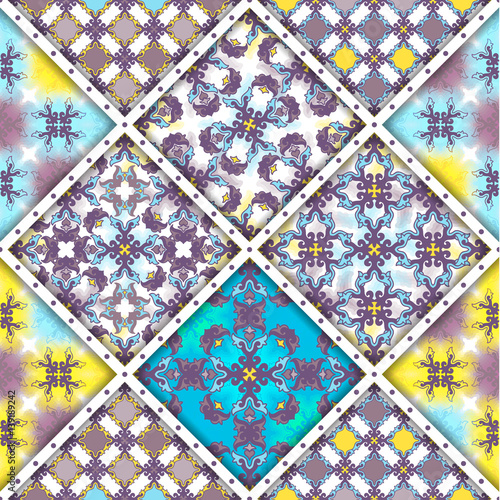 Vector abstract seamless patchwork pattern. Arabic tile texture with geometric and floral ornaments, stylized flowers, dots and lace. Vintage vector card.