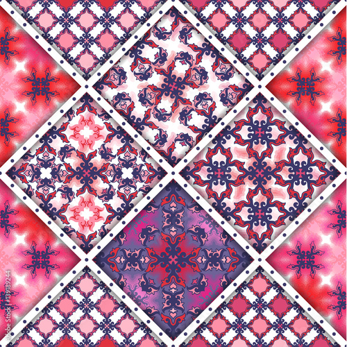 Vector abstract seamless patchwork pattern. Arabic tile texture with geometric and floral ornaments, stylized flowers, dots and lace. Vintage vector card.