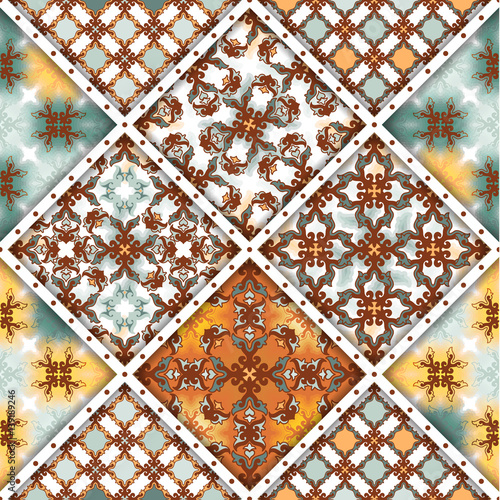 Vector abstract seamless patchwork pattern. Arabic tile texture with geometric and floral ornaments, stylized flowers, dots and lace. Vintage vector card.