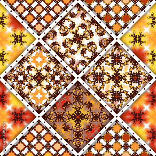 Vector abstract seamless patchwork pattern. Arabic tile texture with geometric and floral ornaments, stylized flowers, dots and lace. Vintage vector card.