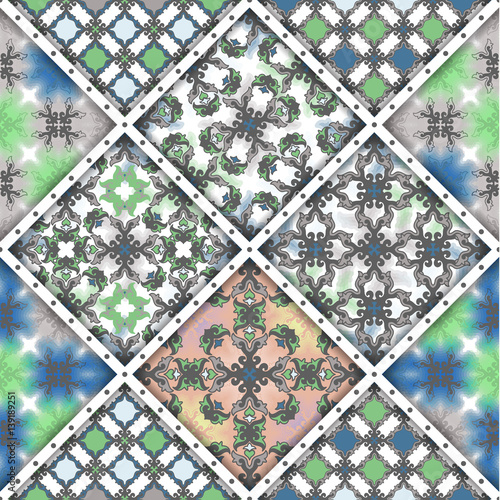 Vector abstract seamless patchwork pattern. Arabic tile texture with geometric and floral ornaments, stylized flowers, dots and lace. Vintage vector card.