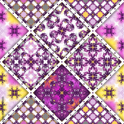 Vector abstract seamless patchwork pattern. Arabic tile texture with geometric and floral ornaments, stylized flowers, dots and lace. Vintage vector card.