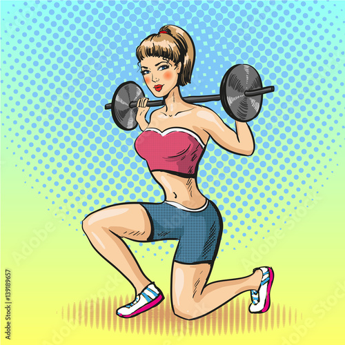 Vector illustration of young woman with barbell, pop art style