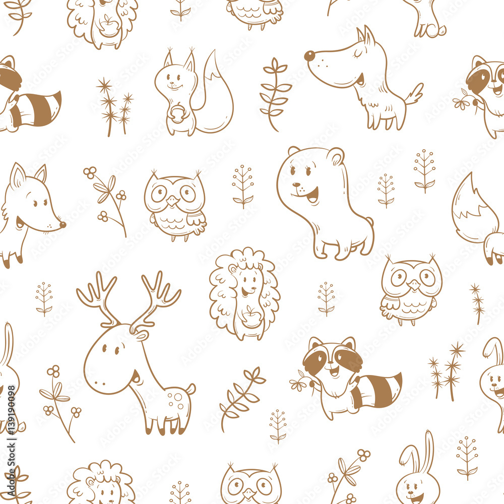 Seamless pattern with cute cartoon foxes, squirrels, wolves, bears, raccoons, owls, deer, and rabbits on white  background. Different plants. Funny forest animals. Children's illustration.