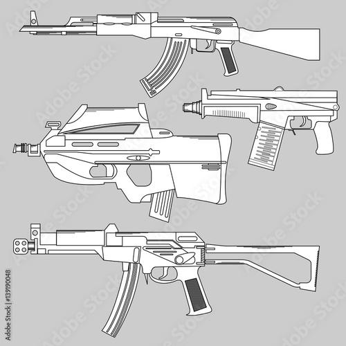 Set automatic firearms, pistol, rifle, machine gun, in a linear style