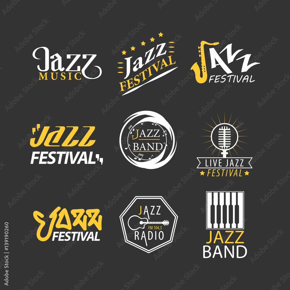 Jazz festival logos set isolated on black background.