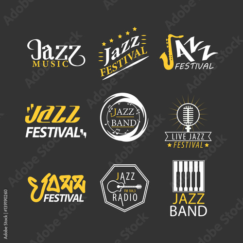 Jazz festival logos set isolated on black background.