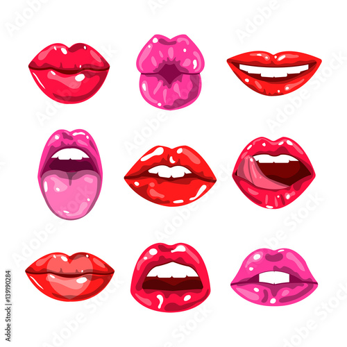 Female glossy colored lips that kiss and show tongue, white teeth or smile and happy, surprised or excited emotions.