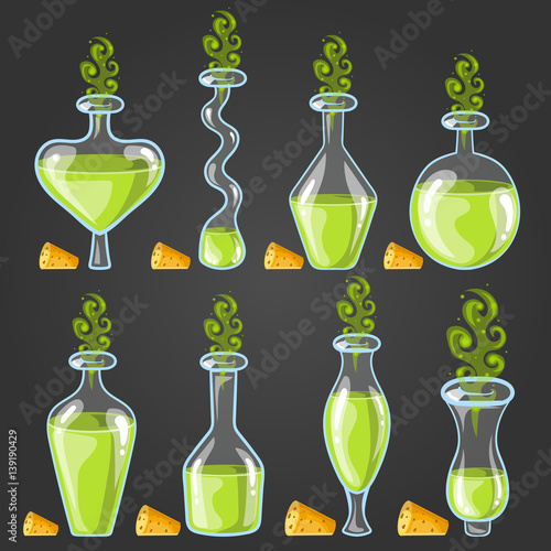 Set bottles of potion with magic smoke