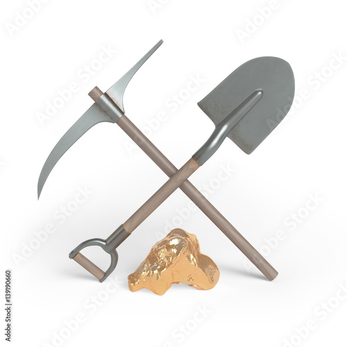Canvastavla Mining. Shovel, pickaxe and gold nugget. 3d render