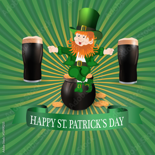 Image leprechaun and two glasses of dark beer. Greeting inscription Happy Patrick s Day. illustration