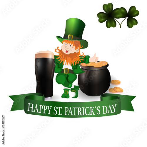Image Leprechaun, glass of dark beer, clover leaves and pot of gold coins. Greeting inscription Happy Patrick Day. illustration