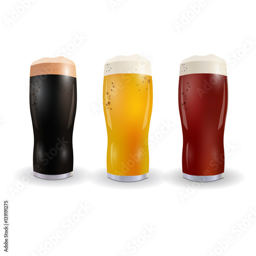 Image of three wine glasses with bright, red and dark beer. Isolated on white background. illustration
