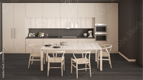 Modern minimal white kitchen with wooden floor  classic interior design