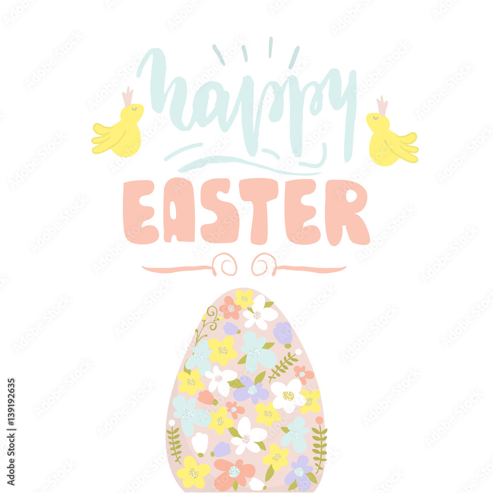 Hello Easter quote. Greeting Easter background with Easter egg and Cute bird. Vector Illustration