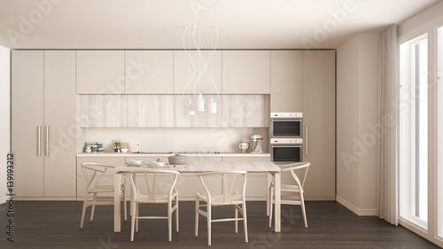 Modern minimal white kitchen with wooden floor, classic interior design