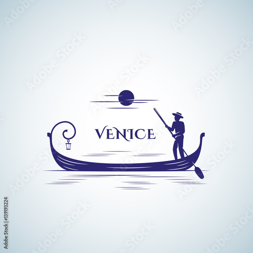 Venice Boat Abstract Vector Sign, Emblem or Logo Template. Floating Gondola, Moon and Boatman Silhouette.