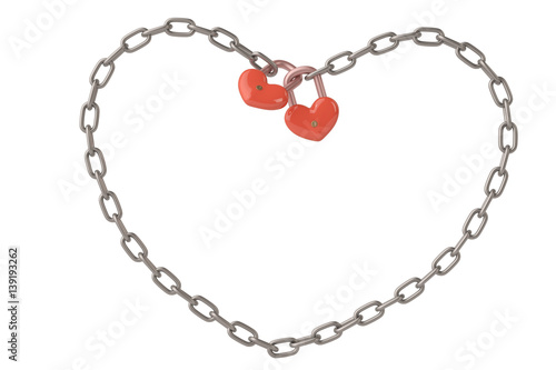 Heart-shaped lock hanging on chains,3D illustration.