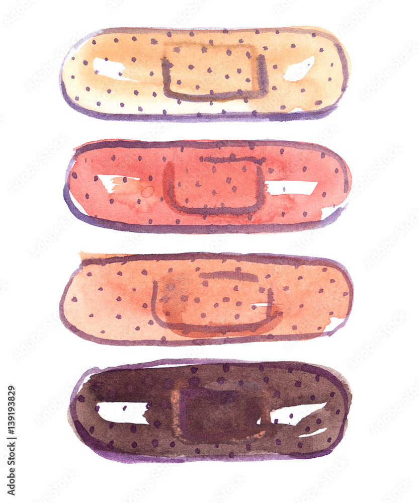 Watercolor of four adhesive bandages on white background Watercolor of four adhesive bandages on white background