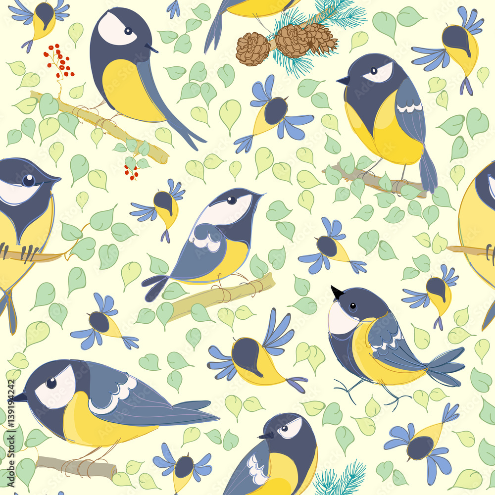 Great tit pattern. Cartoon birds. Hand drawn. Vector illustration Great tit pattern. Cartoon birds. Hand drawn. Vector illustration