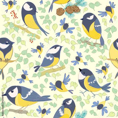 Great tit pattern. Cartoon birds. Hand drawn. Vector illustration
