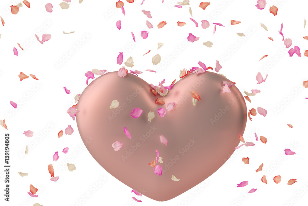 Petals and pink heart on white background. 3D illustration.