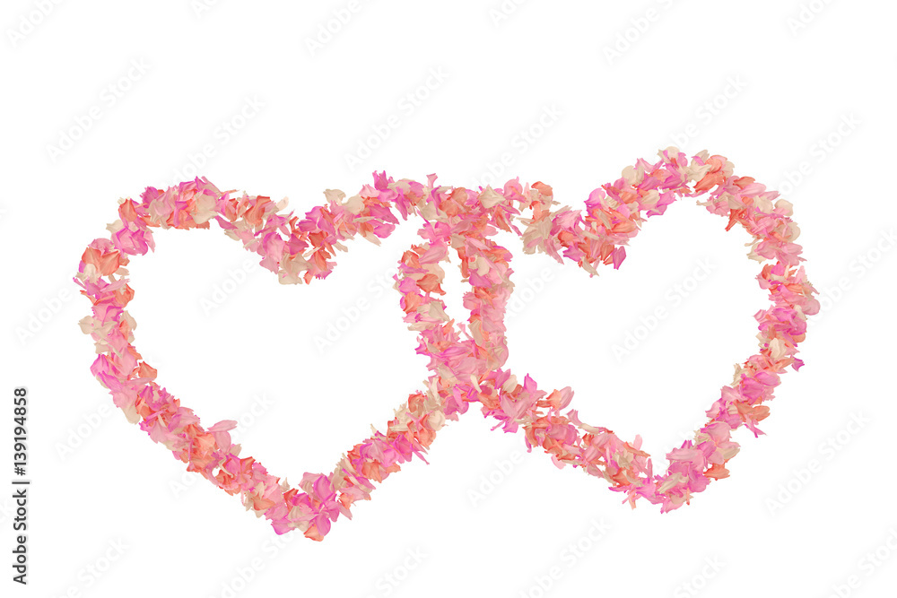 Valentine's Day background with rose petals heart. 3D illustration.