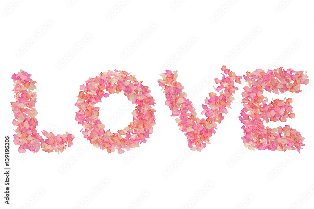 Rose  petals forming love on white background. 3D illustration.