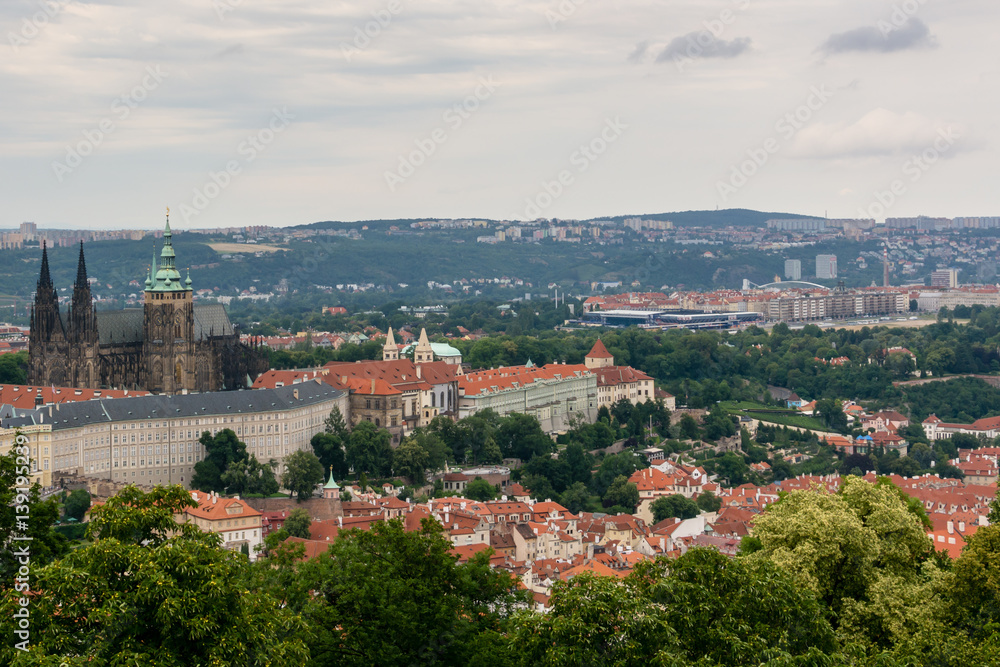 Top view to old town, historical districts and cathedral, Czech republic from an observation deck on Petrin hill.
