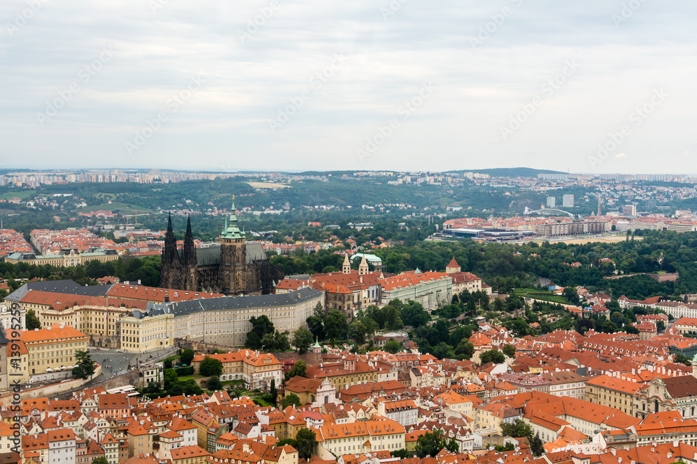 Top view to old town, historical districts and cathedral, Czech republic from an observation deck on Petrin hill.