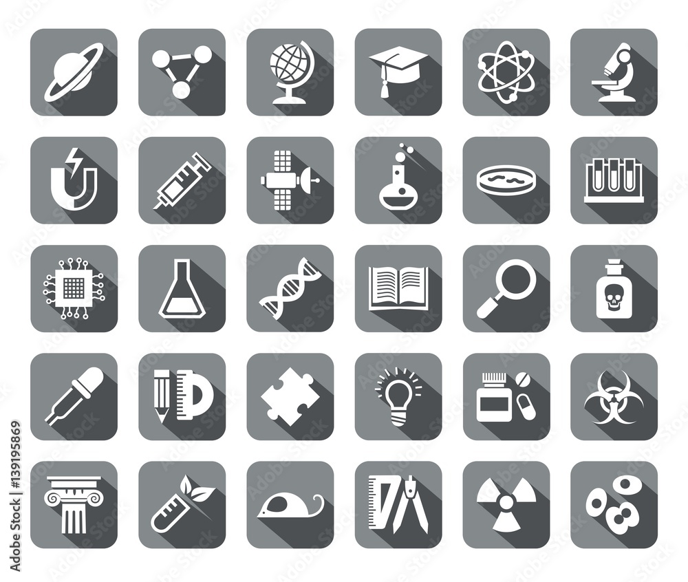 Science, icons, grey, flat, vector. White icons on gray background with shadow. Different types of scientific activities. Science, icons, grey, flat, vector. White icons on gray background with shadow. Different types of scientific activities.