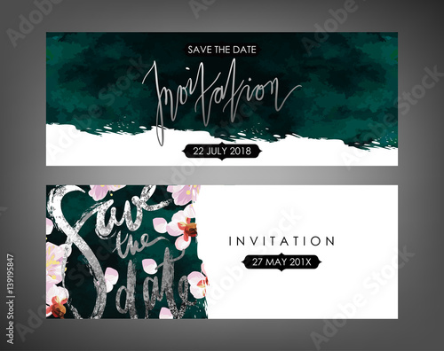 Trendy spring flowers vector invitation templates. Watercolor paint textured petals background. Soft velvet, blossom plum tree and shabby gold textures.
