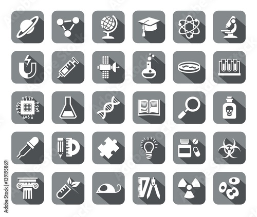 Science, icons, grey, flat, vector. White icons on gray background with shadow. Different types of scientific activities. 