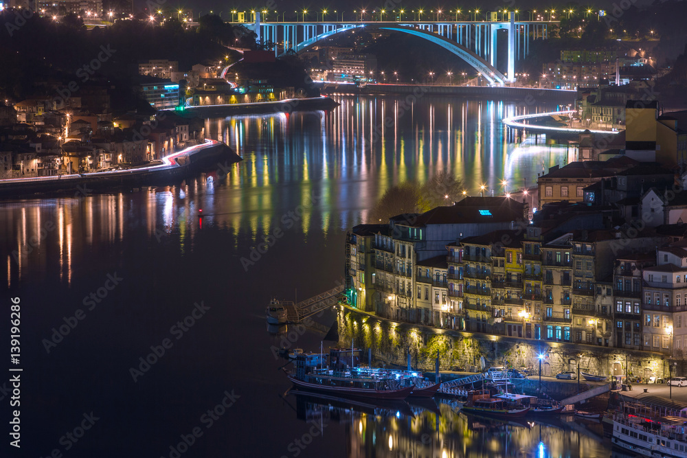 Fototapeta premium night cityscape view city of Porto and Douro river in Portugal