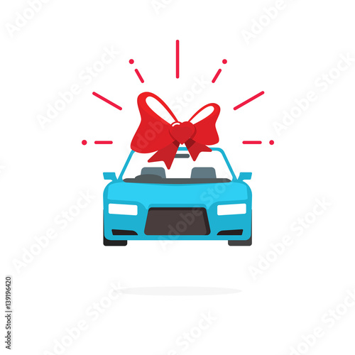 Car special offer idea, flat style automobile with red gift bow, auto sale price present vector illustration
