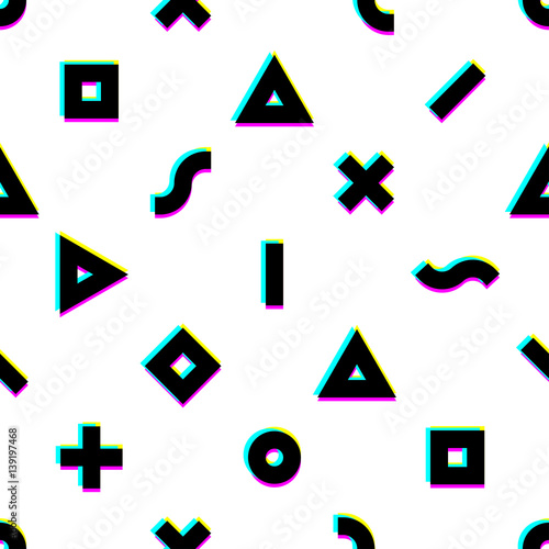Dynamic digital seamless pattern with monitor glitch or abberation effect. Geometric shapes on solid background. No signal, TV grain vector texture.