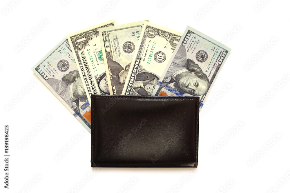 Dollars in a black leather passport on white background Dollars in a black leather passport on white background