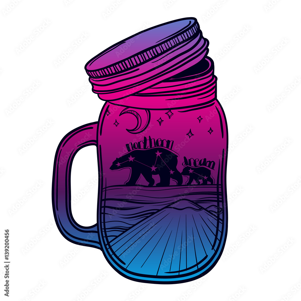 Printing with a beautiful jar and northern bear, moon and stars, Mount Everest. Vector illustration. Cocktails at the bar. Tattoo illustration or coloring book. Printing with a beautiful jar and northern bear, moon and stars, Mount Everest. Vector illustration. Cocktails at the bar. Tattoo illustration or coloring book.
