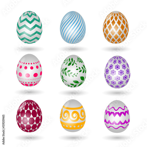 Happy easter eggs icons. Colored vector paschal egg set with decoration pattern isolated on white background