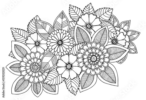 Black and white flower pattern for coloring. Doodle floral drawing. Art therapy coloring page. Relaxing for all ages. For adults and kids