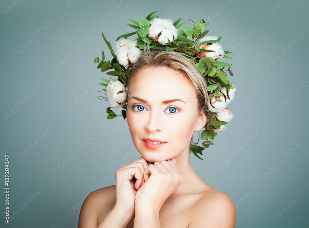 Pretty Woman Wearing Flowers Wreath on Blue Banner Background. Spa Beauty and Cosmetology Pretty Woman Wearing Flowers Wreath on Blue Banner Background. Spa Beauty and Cosmetology