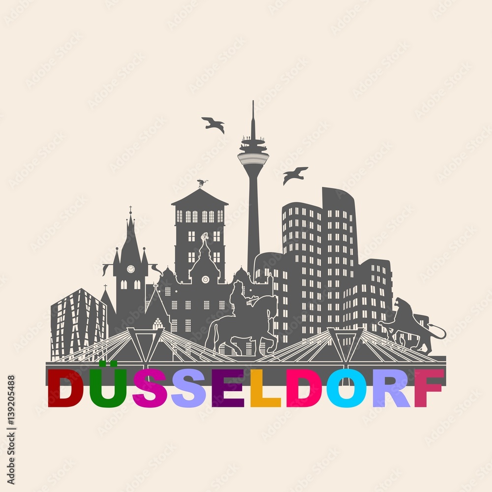 Düsseldorf Panorama Skyline Umriss Tatoo Wandtatoo Grafik bunt Fernsehturm