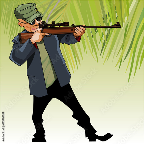 cartoon male hunter aiming with an optical sight rifle