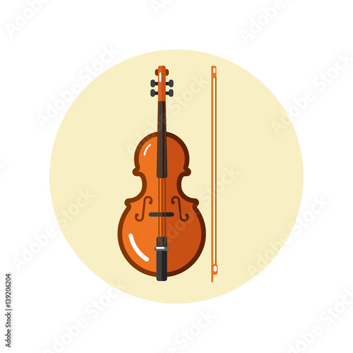 Flat design vector icon of classical violin with fiddle stick or bow. Musical instrument illustration isolated on white