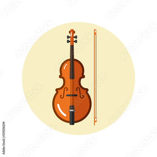 Flat design vector icon of classical violin with fiddle stick or bow. Musical instrument illustration isolated on white