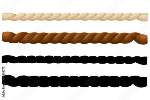 Different thickness ropes isolated on white, vector illustration.