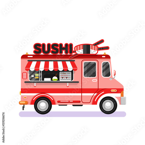 Flat design vector illustration of japanese traditional fast food van. Mobile retro vintage shop truck icon with signboard with big sushi roll and chopsticks. Side view, isolated on white background.