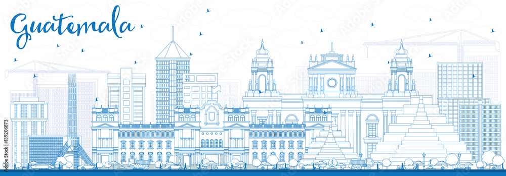 Outline Guatemala Skyline with Blue Buildings.